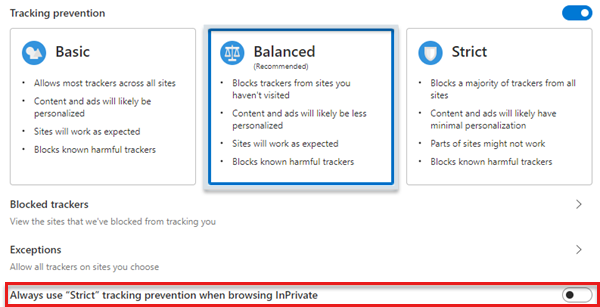 Screenshot showing configuring the tracking prevention section in Microsoft Edge.