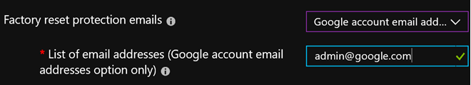 Screenshot of Factory reset protection emails setting and a sample email address.