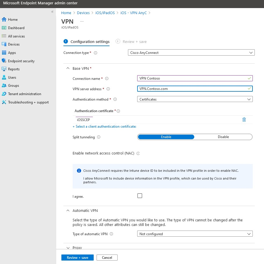 Screenshot that shows how to create a VPN profile for iOS.