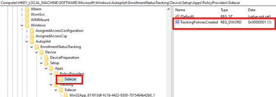 Screenshot shows the TrackingPoliciesCreated value under the Sidecar subkey.