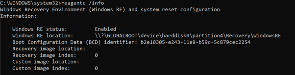 Command Prompt output of reagentc.exe/info.