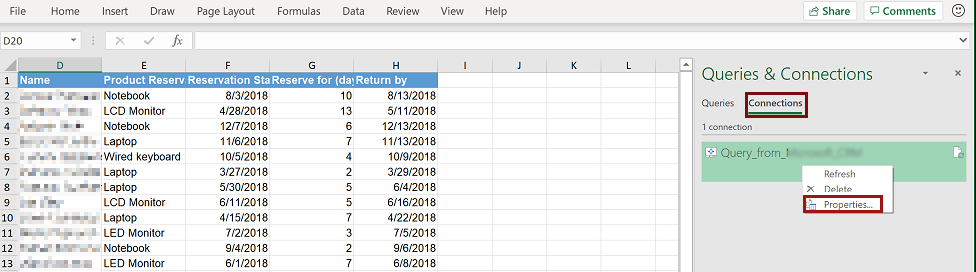 Screenshot that shows the Properties settings of a query on the Queries and Connections pane.