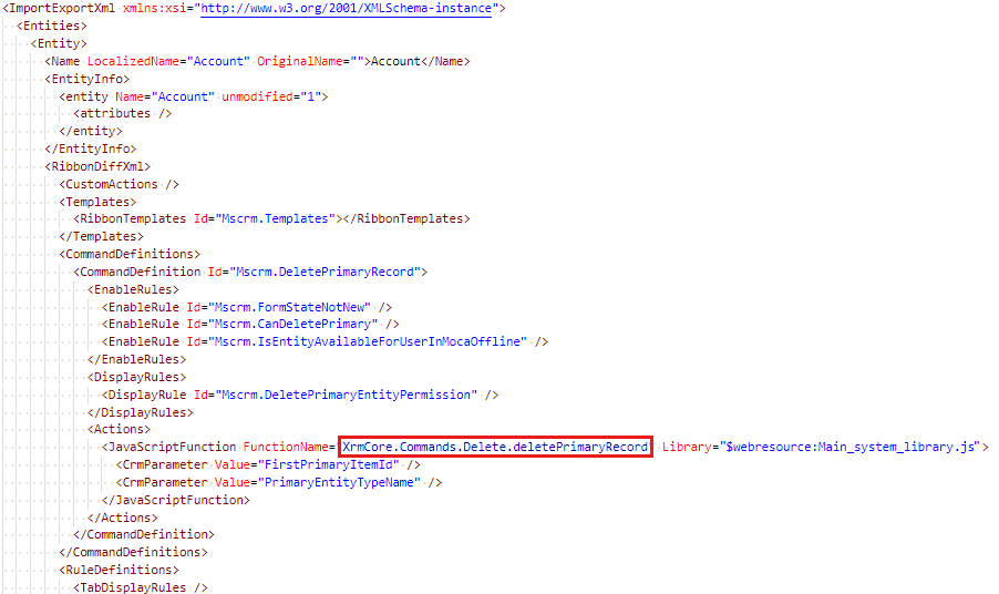 Screenshot to modify the CommandDefinition node's JavaScriptFunction by setting the FunctionName value.