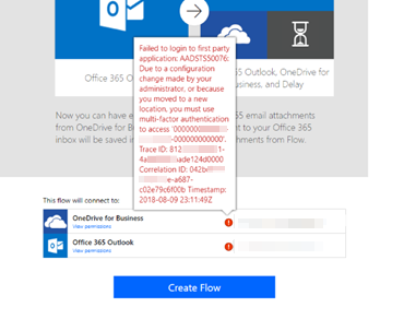 Screenshot of the automatic connection creation error with AADSTS50076.