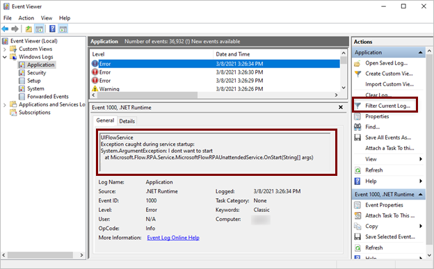 Screenshot of an example error logged in the Event Viewer.