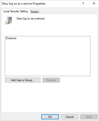 Screenshot that shows the Deny log on as a service setting.