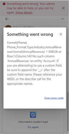 Screenshot that shows the details of the Something went wrong error.