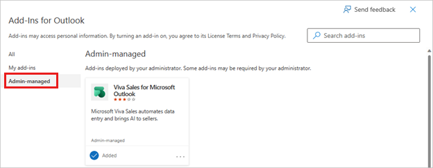 Screenshot that shows the Admin-managed section where you can check if the Copilot for Sales for Microsoft Outlook add-in is listed.