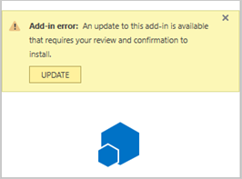 Screenshot that shows the add-in update error and the UPDATE button.