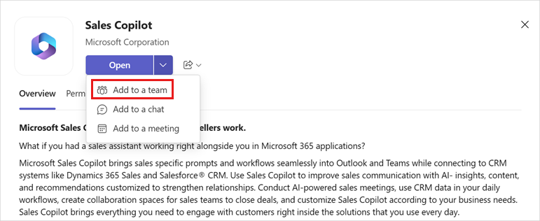 Screenshot that shows the option to add the Copilot for Sales app to a team.