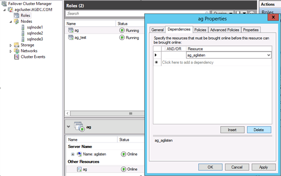 Screenshot of availability group properties Dependencies tab.