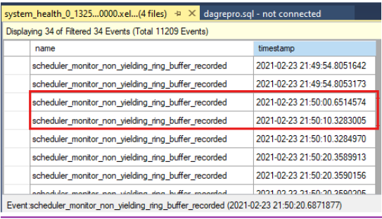 Screenshot that shows non-yielding events that occurred during health check time-out.