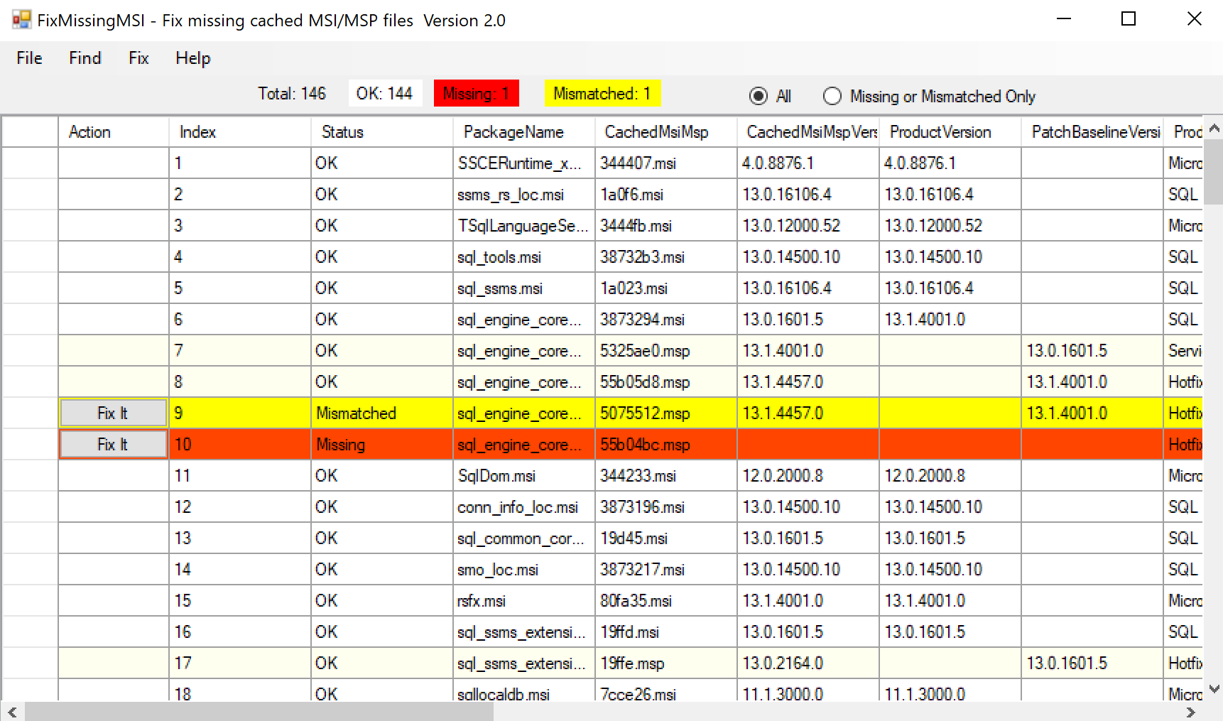 Screenshot of the FixMissingMSI tool.