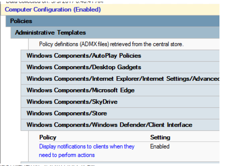 Screenshot shows the Display notifications to clients when they need to perform actions policy is enabled.