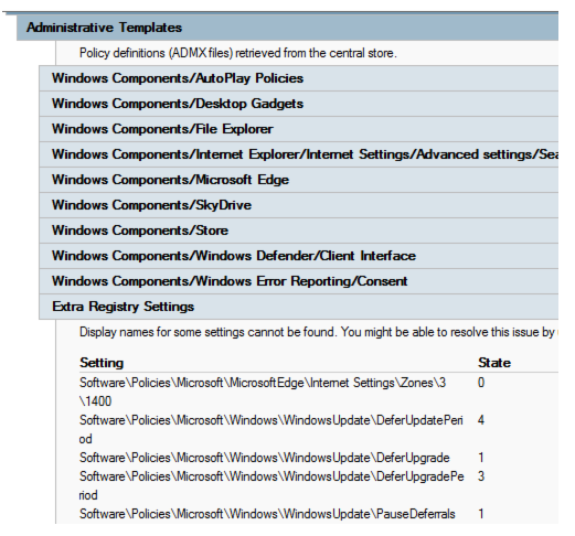 Screenshot shows the Display names for some settings cannot be found under Extra Registry Settings. 5 settings are listed under this item.