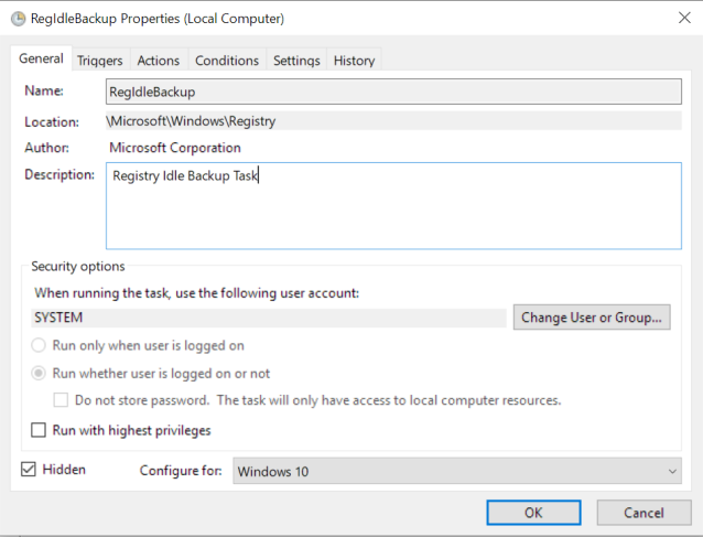 Screenshot of RegIdleBackup task properties.