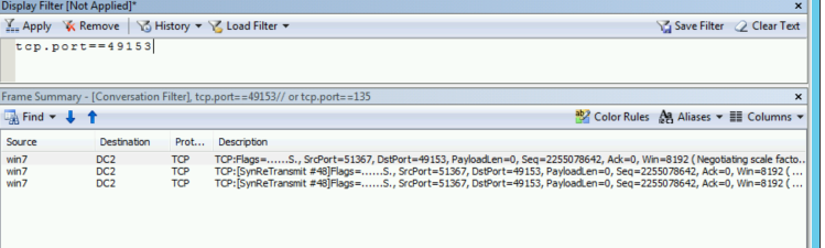 Screenshot of Network Monitor that shows TCP SYN retransmits.