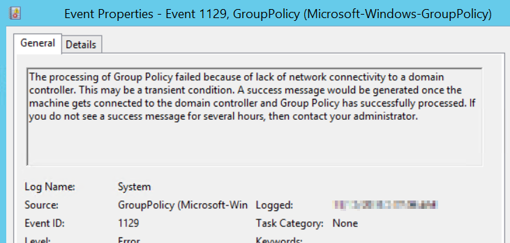 Screenshot of event properties for Group Policy failure.