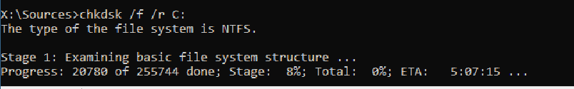 Screenshot of the output of the chkdsk command.