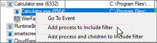 Screenshot of the Calculator process right clicked and showing Add process to include filter.
