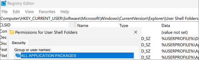 Screenshot of the permissions for User Shell Folders with all application packages selected.