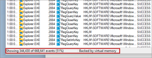 Screenshot of the events backed by virtual memory showing in the status bar.