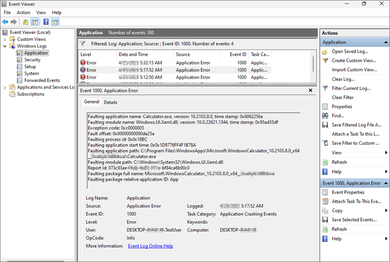 Screenshot of the Event Viewer window showing the application error event.