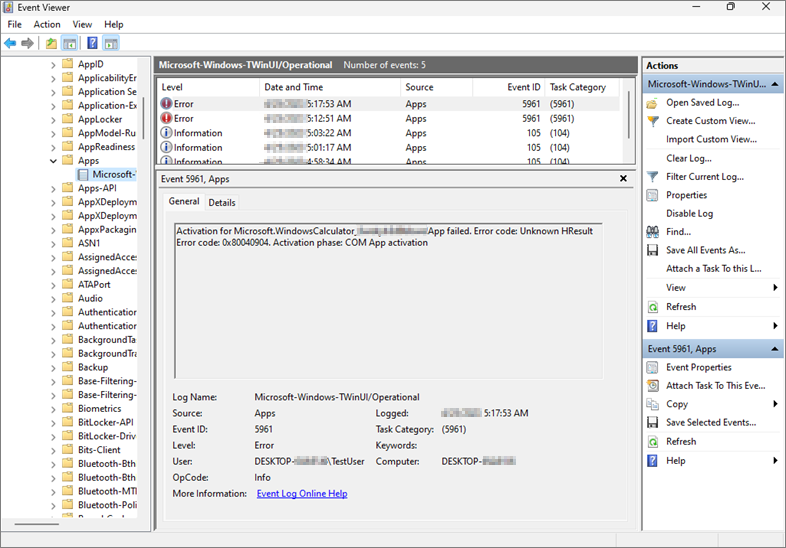 Screenshot of the Event Viewer window showing Event 5961.