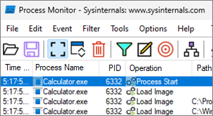 Screenshot of the Process Monitor window with the Calculator process selected.