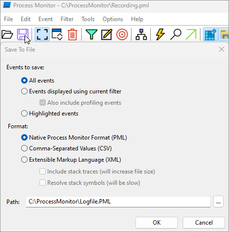 Screenshot of a saving icon and the Save To File window with All events and Native Process Monitor Format selected.