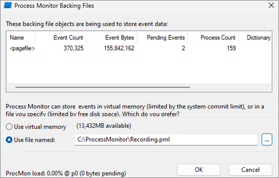 Screenshot of the Process Monitor Backing Files window with two methods of storing events.