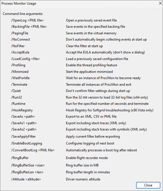 Screenshot of the command line arguments of the Process Monitor Usage.