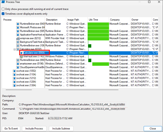 Screenshot of the Process Tree window with the Calculator process selected.