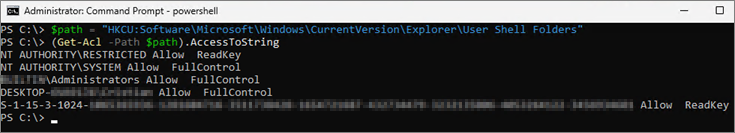 Screenshot of the PowerShell cmdlet for the User Shell Folders permission for a nonworking system.