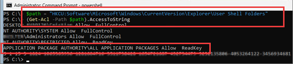 Screenshot of the PowerShell cmdlet for the User Shell Folders permission for a working system.