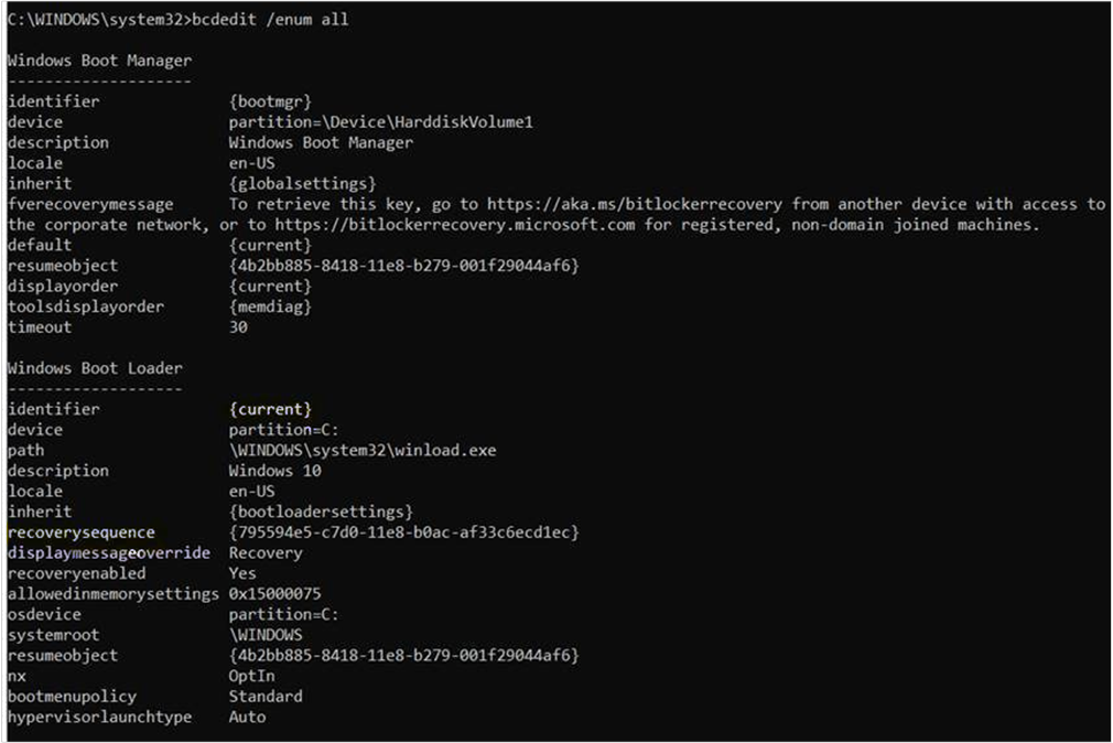 Screenshot of the output of the bcdedit /enum all command.