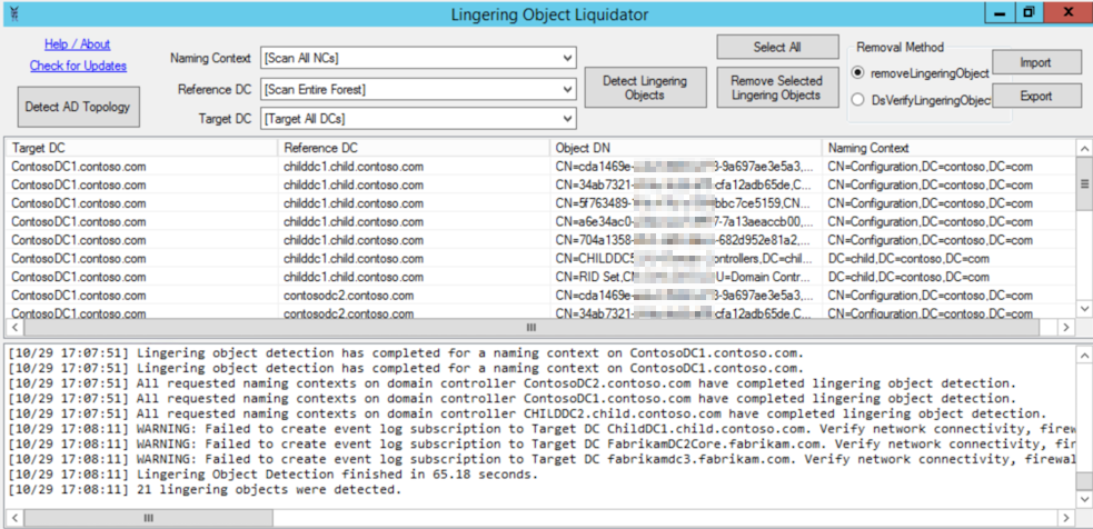 Screenshot of the Lingering Object Liquidator window with the current count of lingering objects displayed on the status bar.