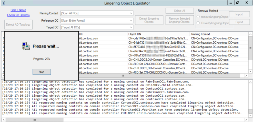 Screenshot of the Lingering Object Liquidator window with the Detect button.