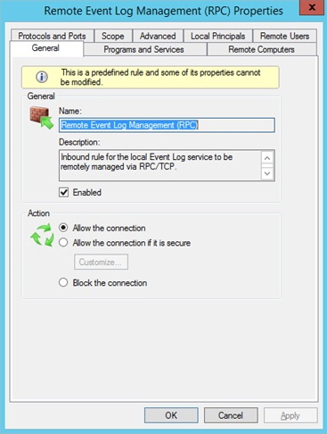 Screenshot of the Remote Event Log Management (RPC) Properties window with the firewall rule enabled.