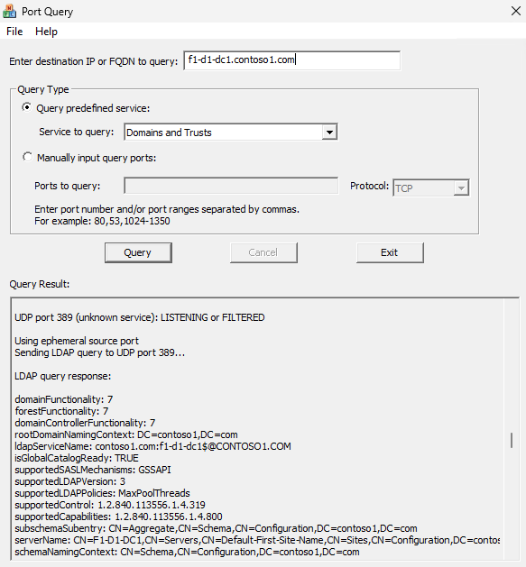 Screenshot of the Port Query tool window showing the query result with UDP port 389.