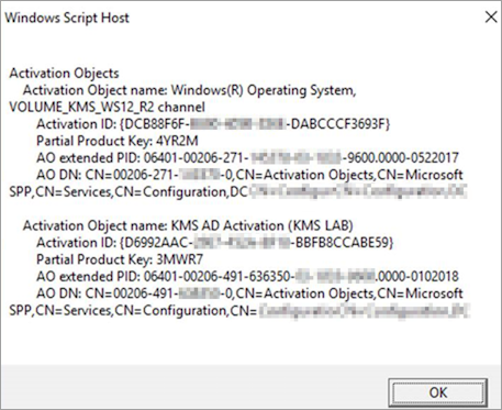 Screenshot showing the results of the slmgr command.