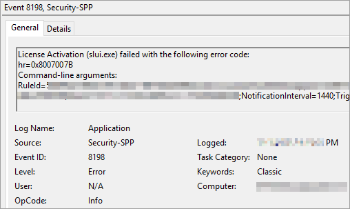 Screenshot showing the details of event ID 8198.