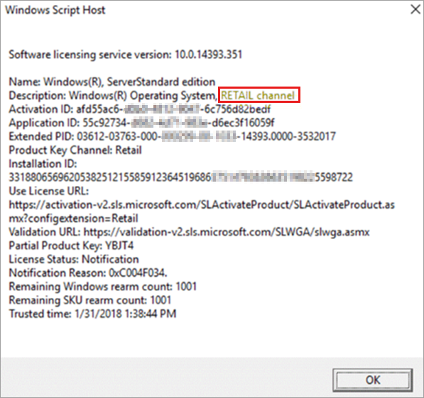 Screenshot of showing the results of the slmgr /dlv command with the RETAIL channel information highlighted.