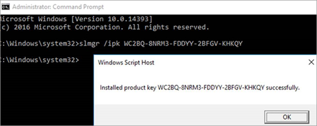 Screenshot showing the slmgr /ipk command and its results.