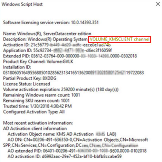 Screenshot showing the results of the slmgr /dlv command with the VOLUME_KMSCLIENT channel information highlighted.