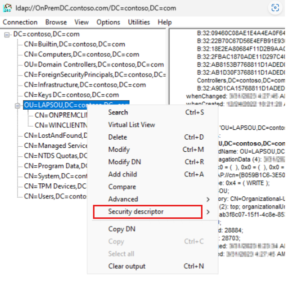 Screenshot of the LDP tool with the domain tree on the left pane.