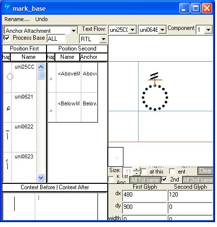 Screenshot of Microsoft Volt that shows an Arabic mark glyph being positioned over a base glyph using anchor points.