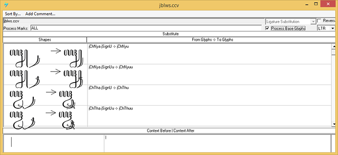 Screenshot that shows the 'b l w s' feature used to substitute presentation forms relating to below-base elements.