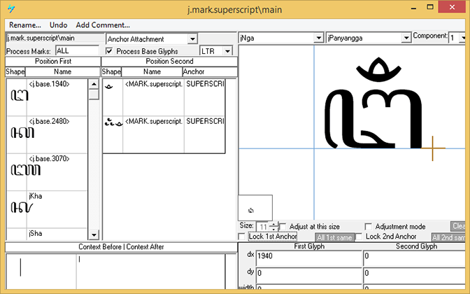 Screenshot that shows the 'mark' feature used to position marks relative to a base glyph.