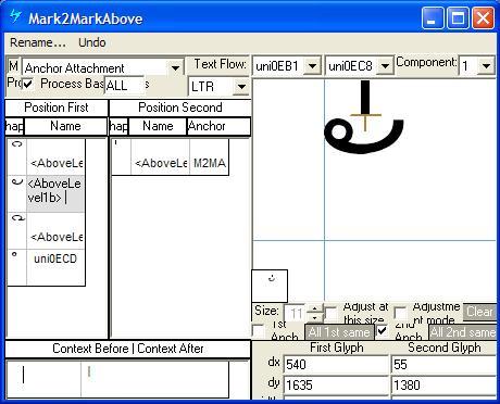 Screenshot that shows the 'm k m k' feature positions mark glyphs in relation to another mark glyph.